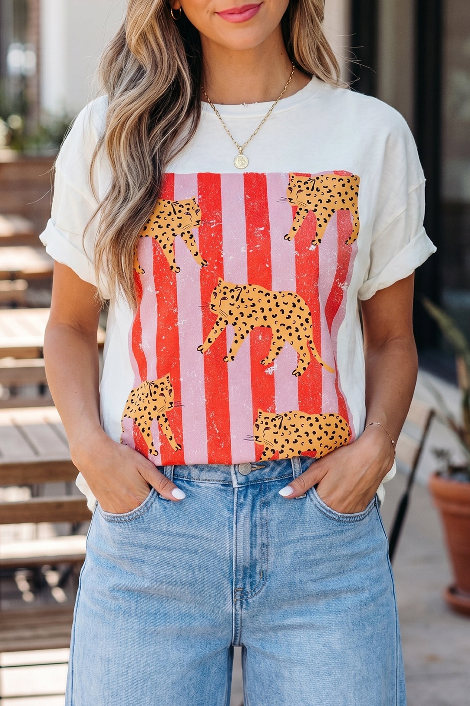 Cheetah Striped Print Retro Fashion Graphic Tee – Dark Grey