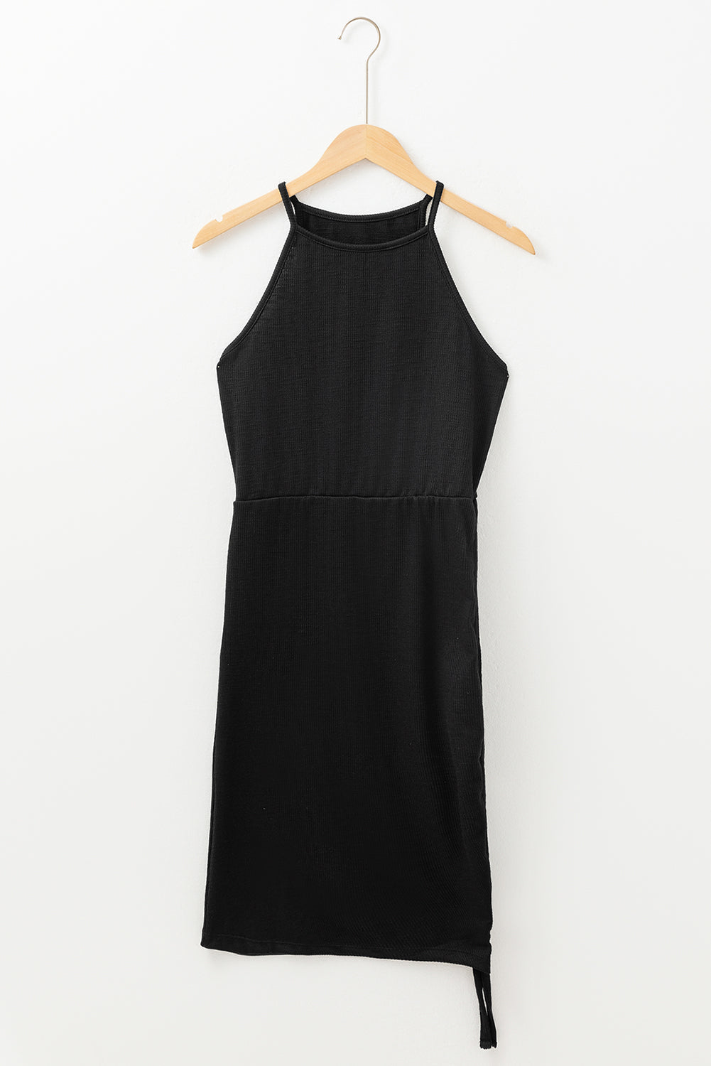 Black Racerback Ribbed Knit Drawstring Bodycon Dress eAura