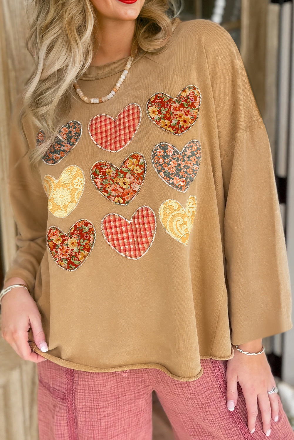 Floral Heart Stitched Exposed Seam Mineral Wash Sweatshirt - eAura