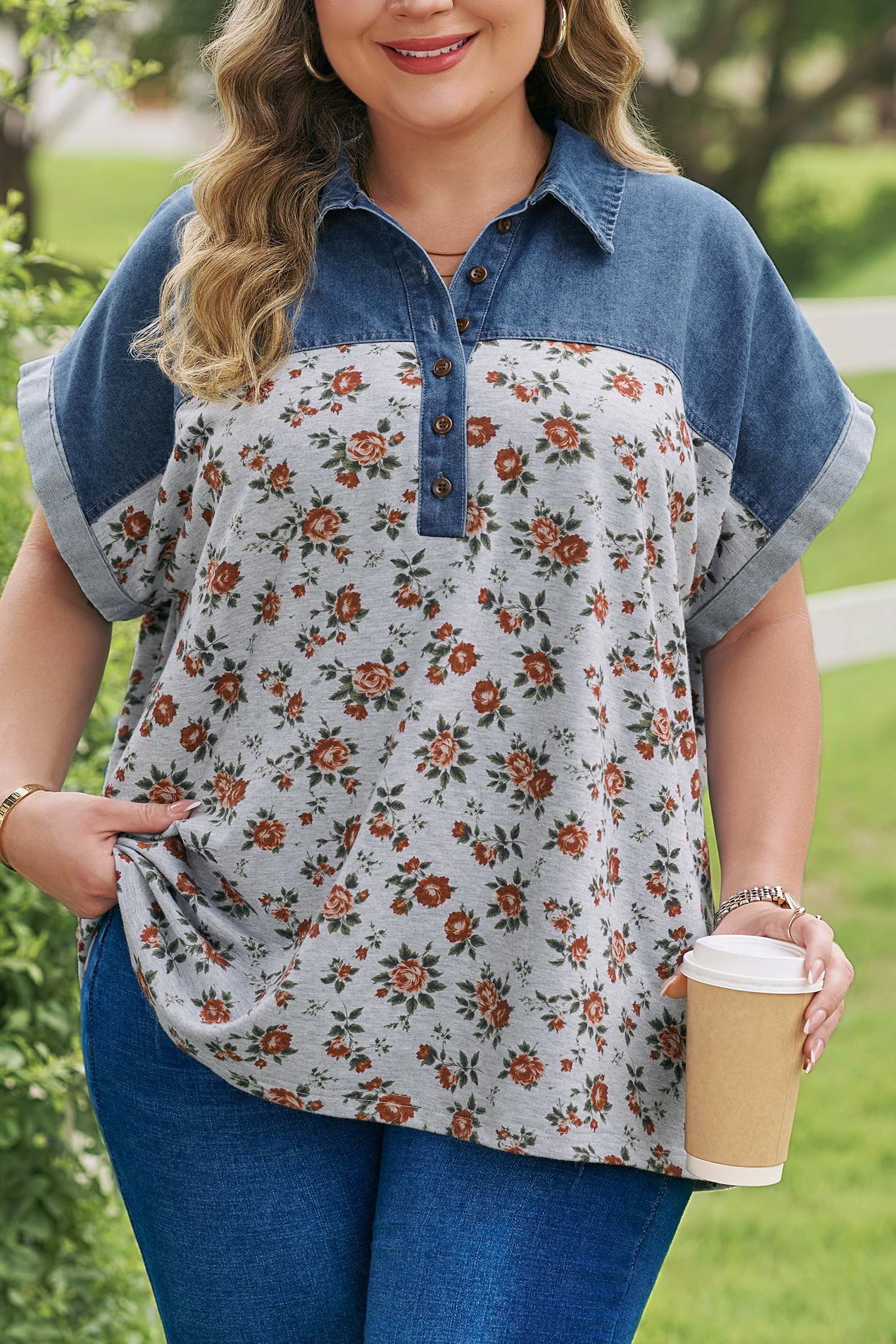 Retro Floral Print Denim Patchwork Plus Size Polo Tee