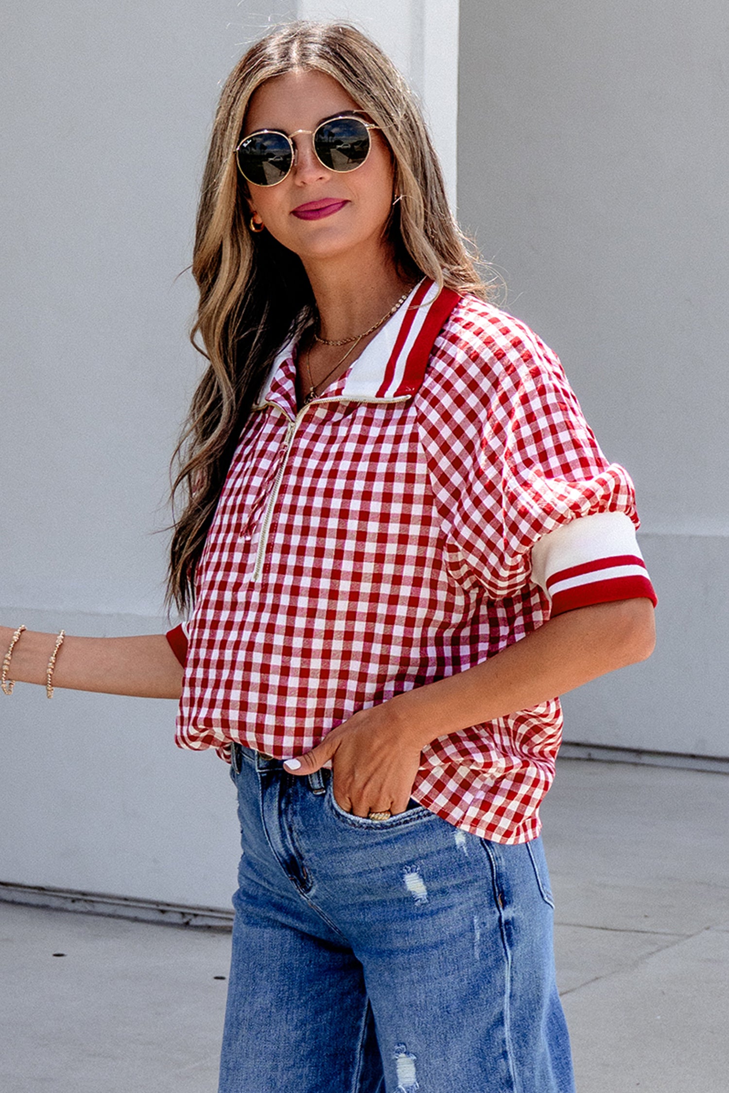 Gingham Striped Patchwork Half Zip Blouse – Red