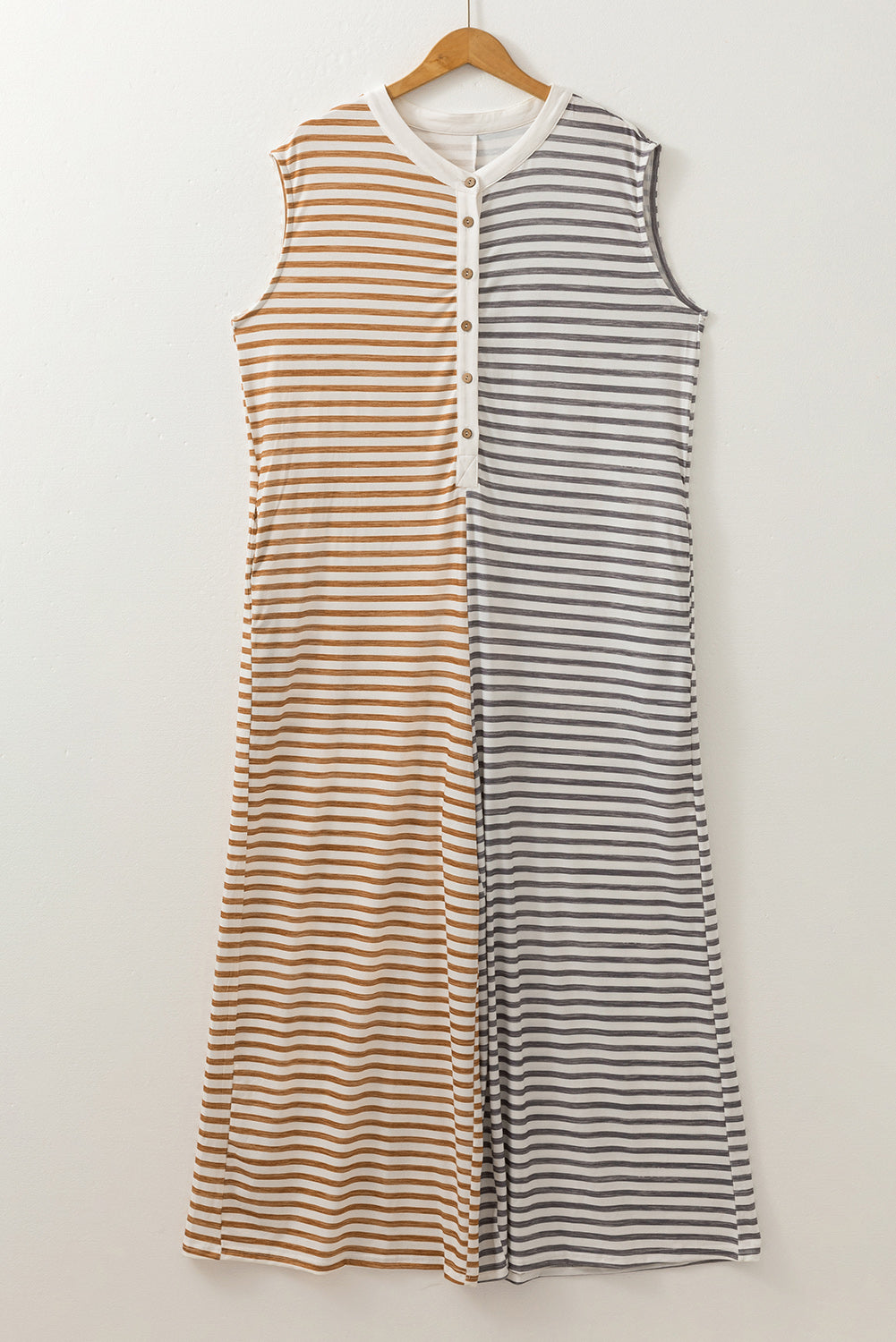 Grey Stripe Plus Size Colour Block Buttoned Sleeveless Wide Leg Jumpsuit BB Fashion Outlet