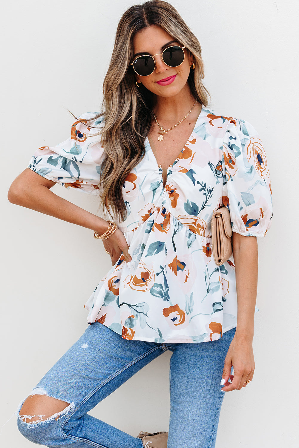 Green Floral Print Puff Sleeve V Neck Babydoll Blouse eAura