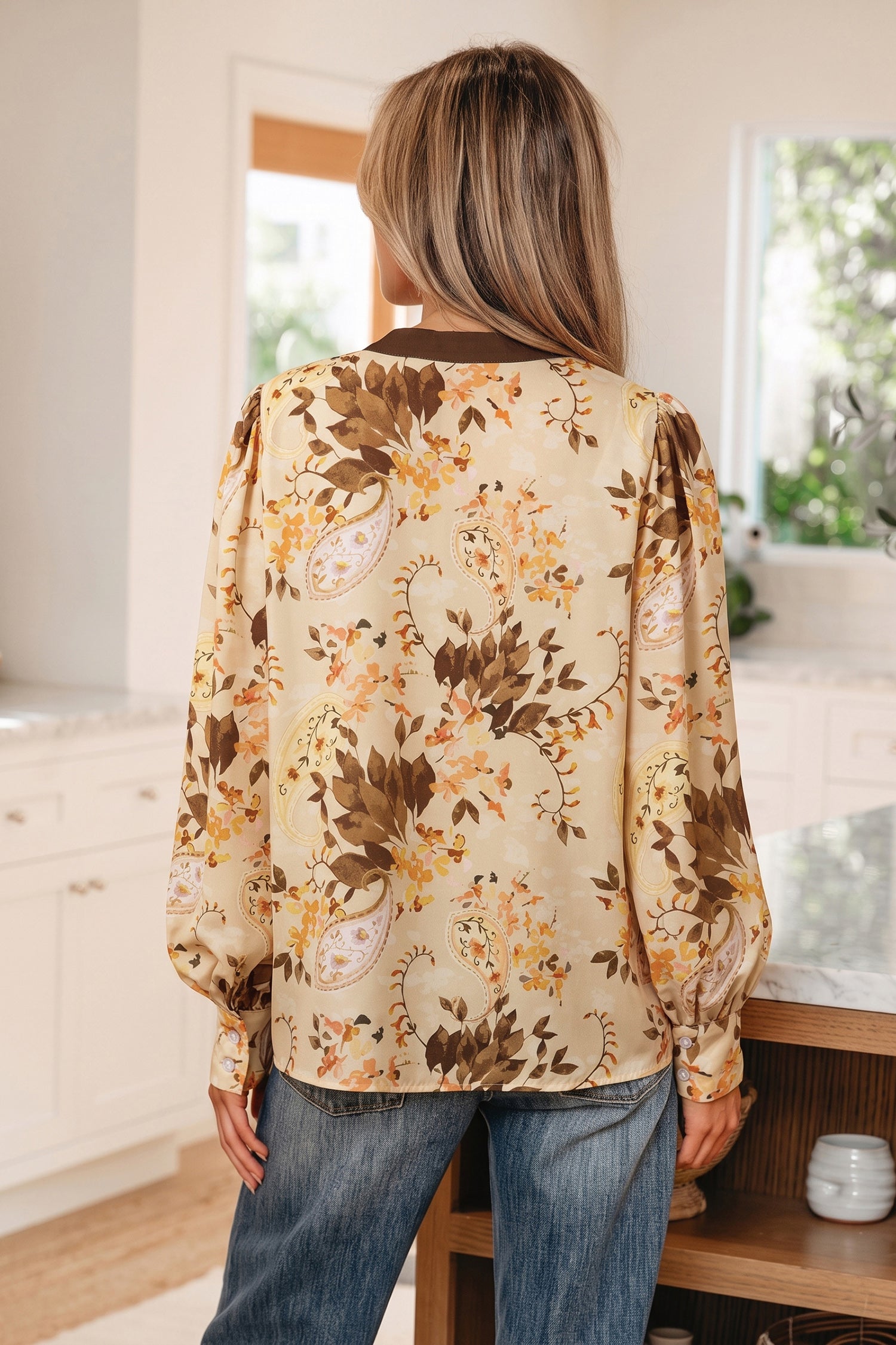 Paisley Print Tie Neck Long Sleeve Blouse – Khaki