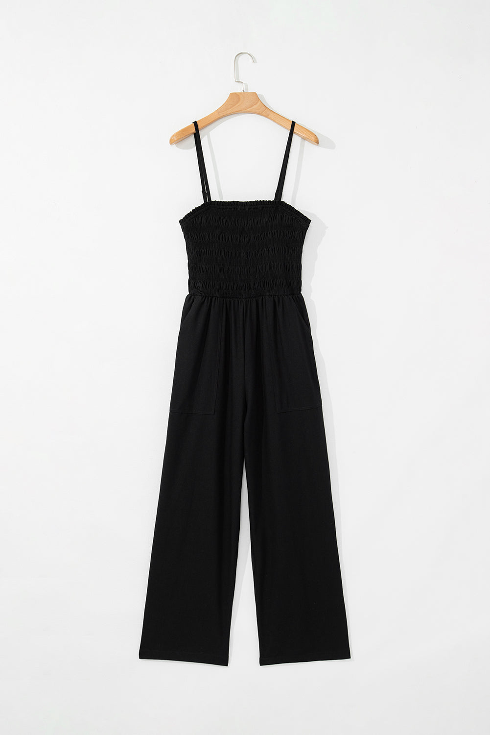 Black Spaghetti Straps Shirred Bodice Pocketed Wide Leg Jumpsuit eAura