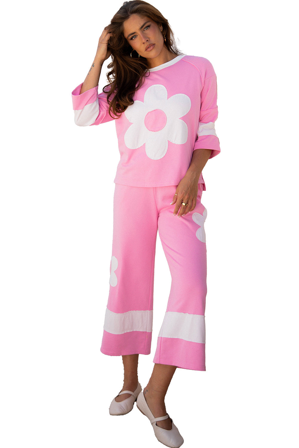 Big Flower Patched Raw Seam 2 Piece Relaxed Trousers Co-ord Set - eAura