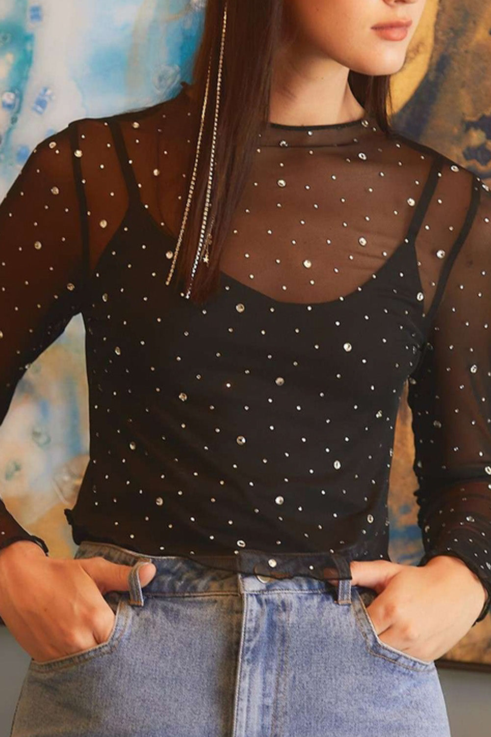 Black Rhinestone Sheer Mesh Slim Fit Long Sleeve Top eAura