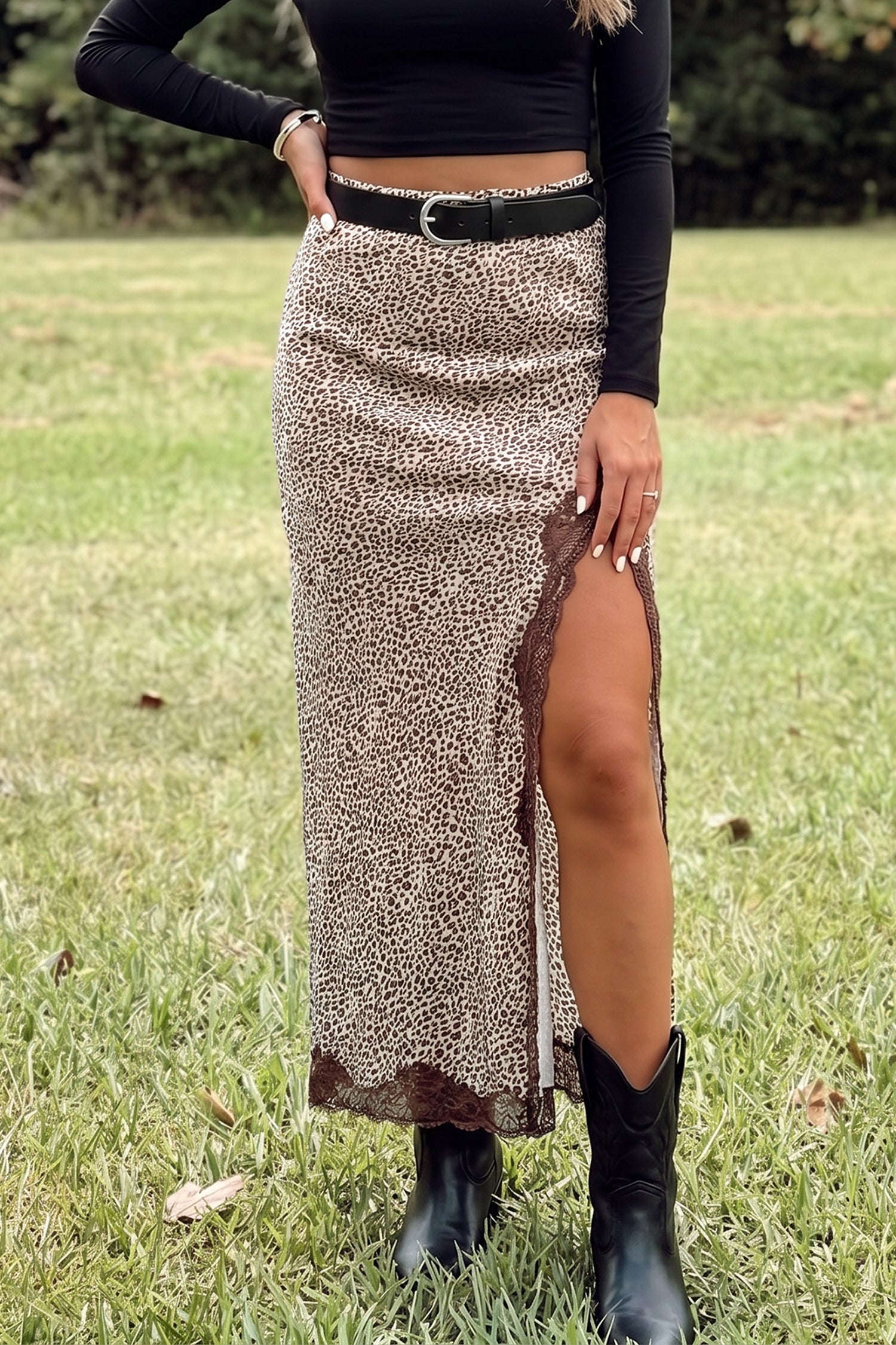 Cheetah Print Trim Split Long Western Skirt – Brown