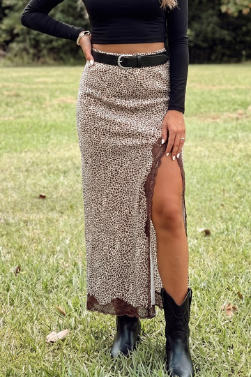 Cheetah Print Trim Split Long Western Skirt – Brown
