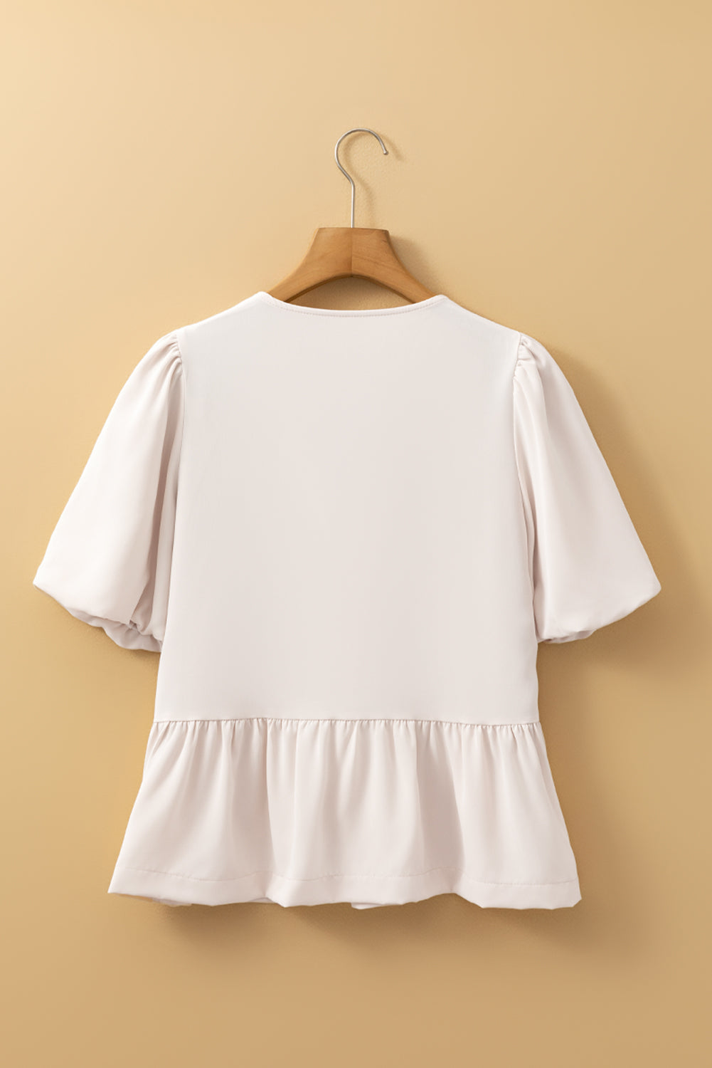 White Bow Tie Short Puff Sleeve Ruffle Hem Blouse eAura