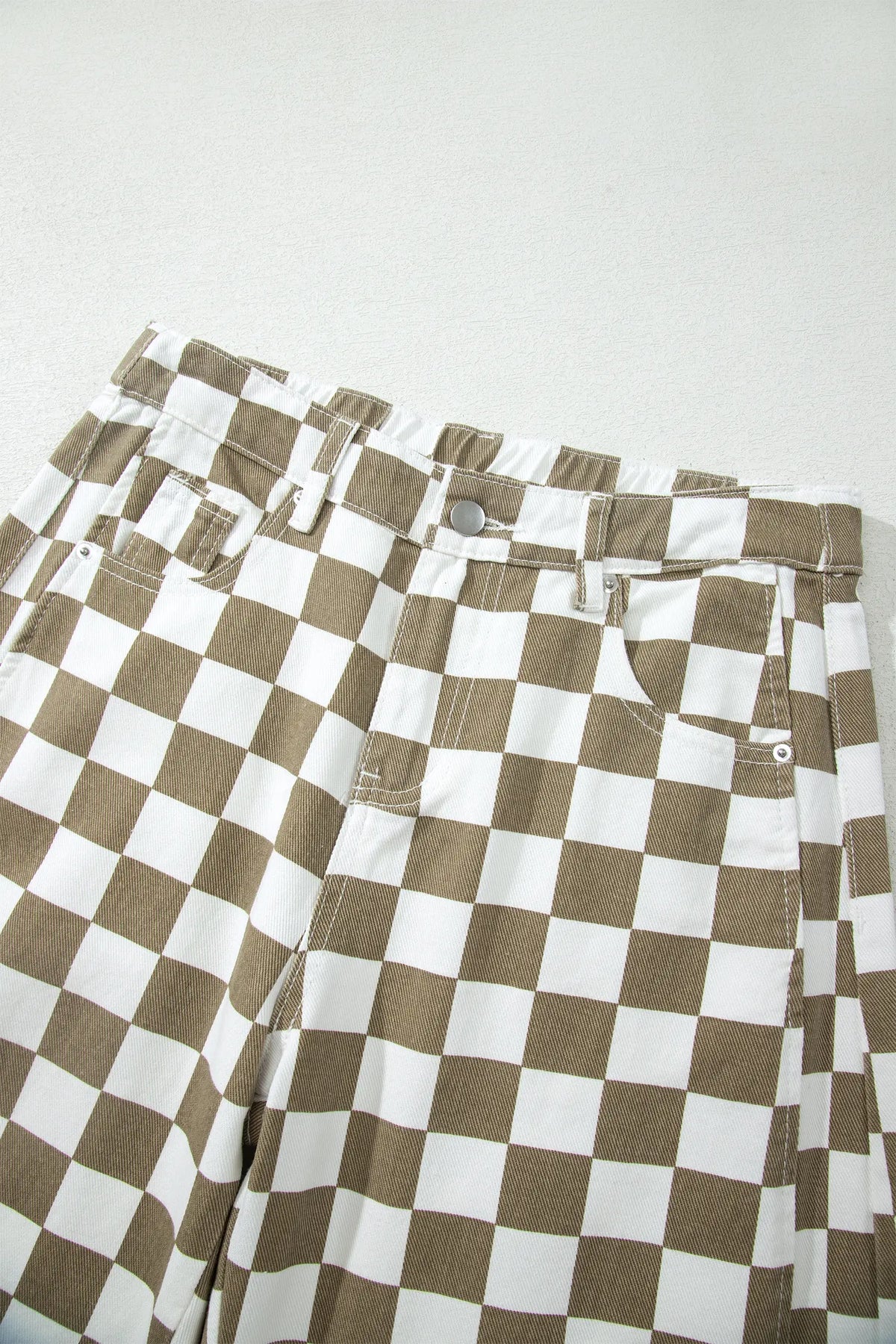 Checkered Print Denim Barrel Pants – White