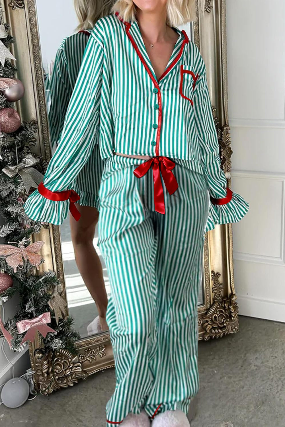 Striped Contrast Velvet Trim Bow Knot Waist Pyjama Set - eAura