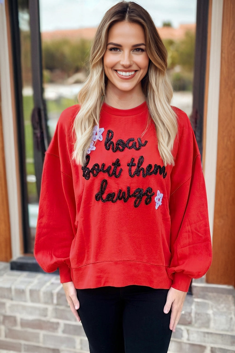 Fiery Red How Bout Them Dawgs Embroidered Script Balloon Sleeve Sweatshirt eAura