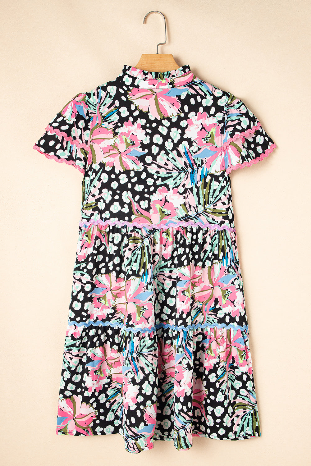 Pink Floral Ricrac Embellished Tiered Mini Dress eAura