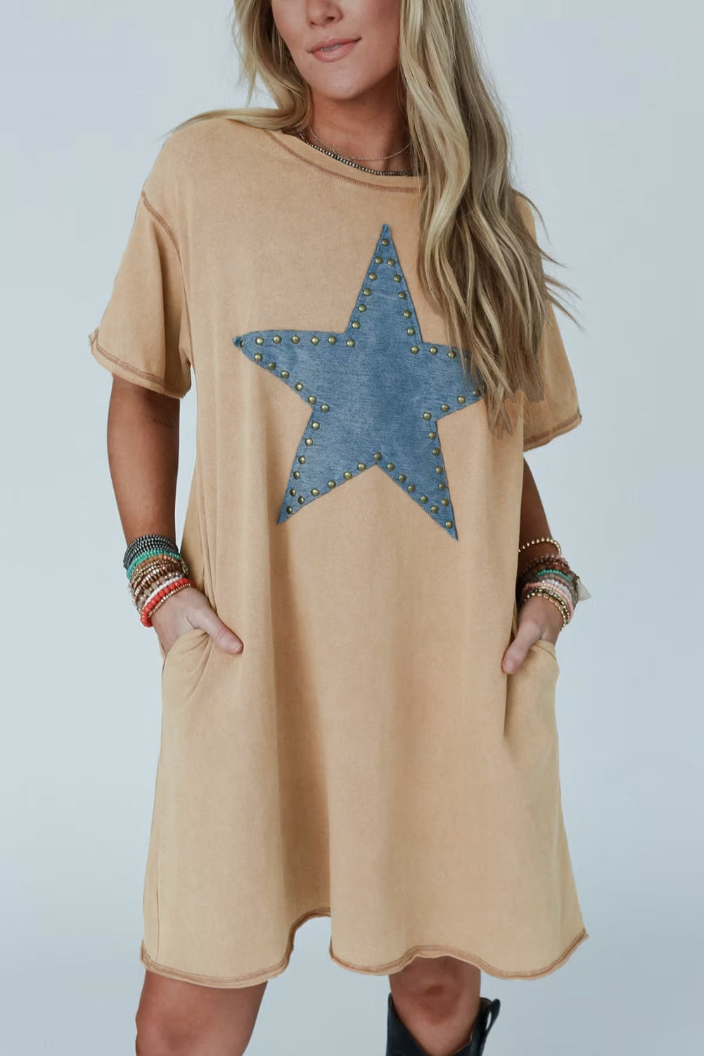 Pale Khaki Mineral Wash Stud Beaded Star Graphic Pocketed T Shirt Dress eAura
