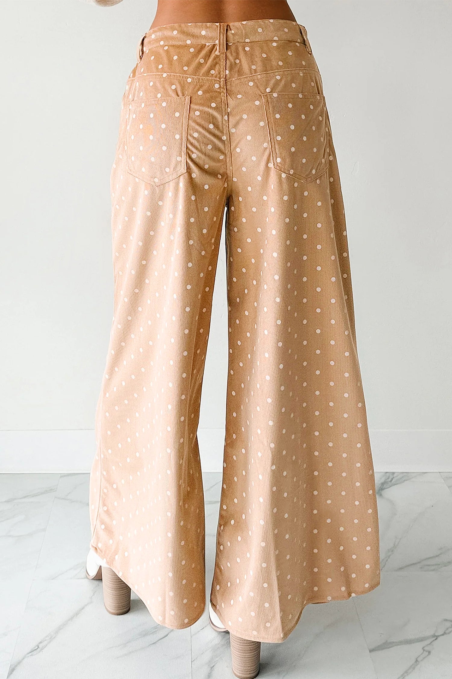 Khaki Polka Dot Print Drawstring Wide Leg Pants - Bottoms/Pants & Culotte