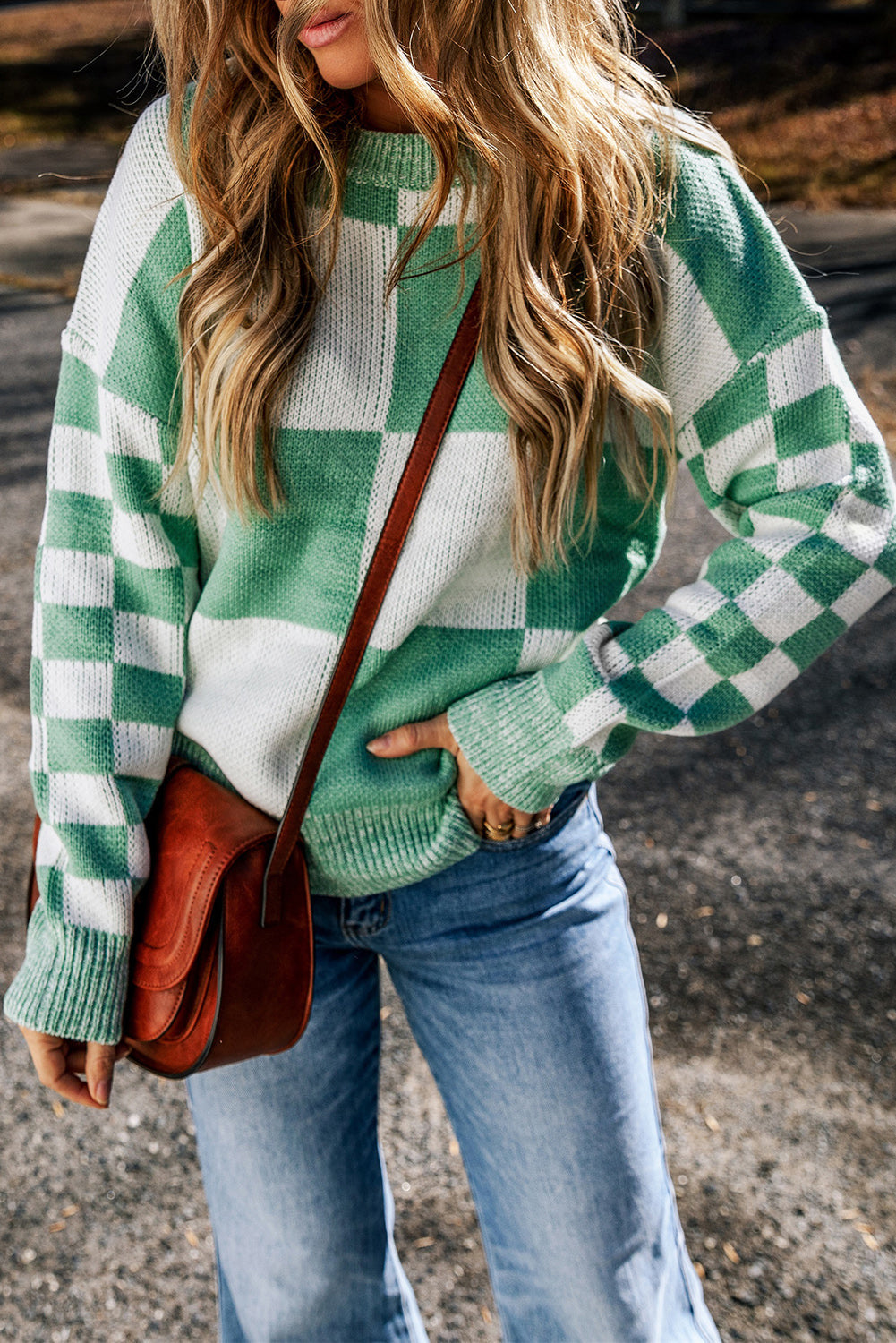 Flaxen Checkered Print Drop Shoulder Sweater eAura