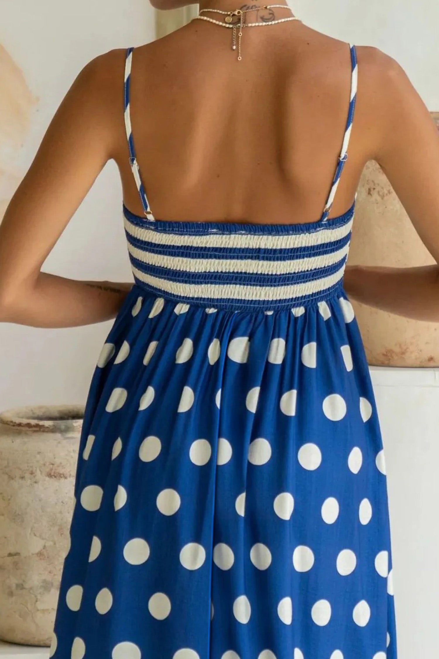 Striped Polka Dot Patchwork High Waist Spaghetti Straps Maxi Dress