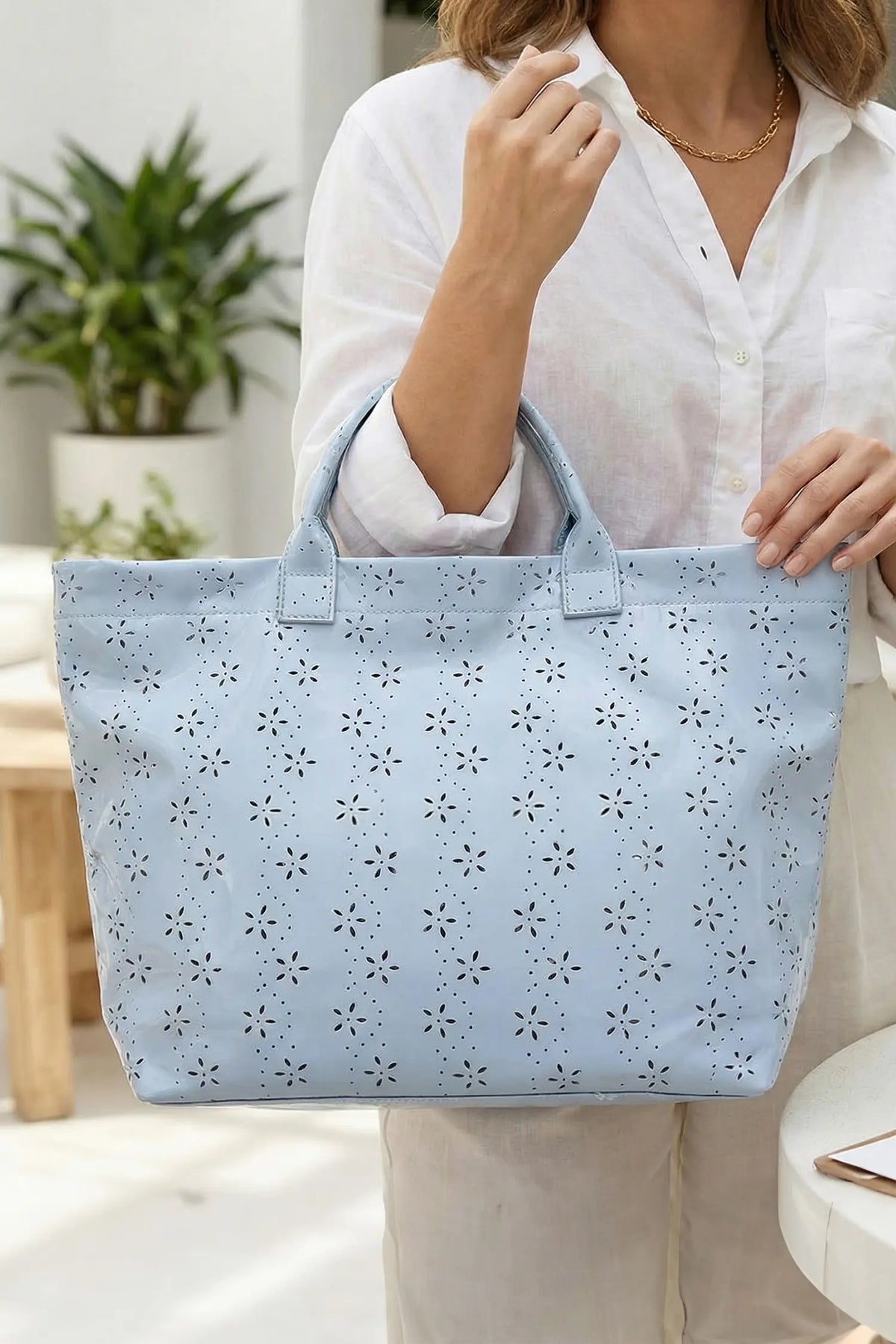 Orchid Eyelet Flower Pattern PVC Glossy Waterproof Tote Bag