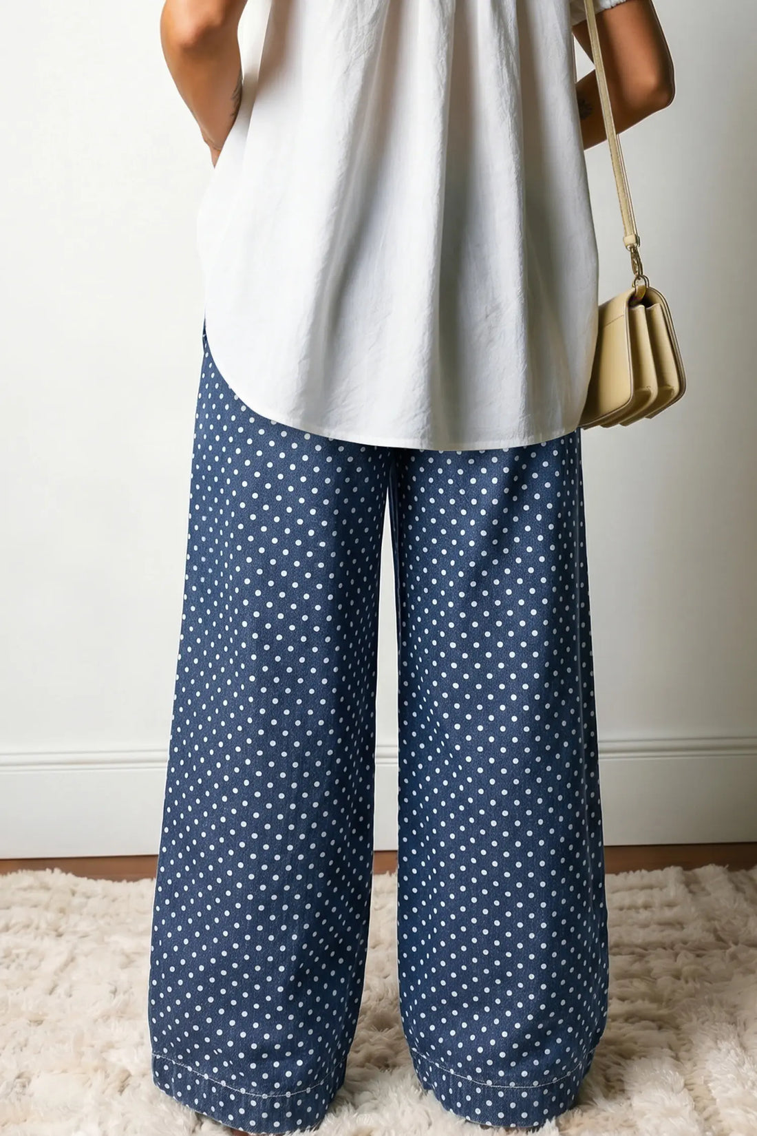 Sky Blue Polka Dot Print Button Pleated Detail Wide Leg Jeans – Light Blue