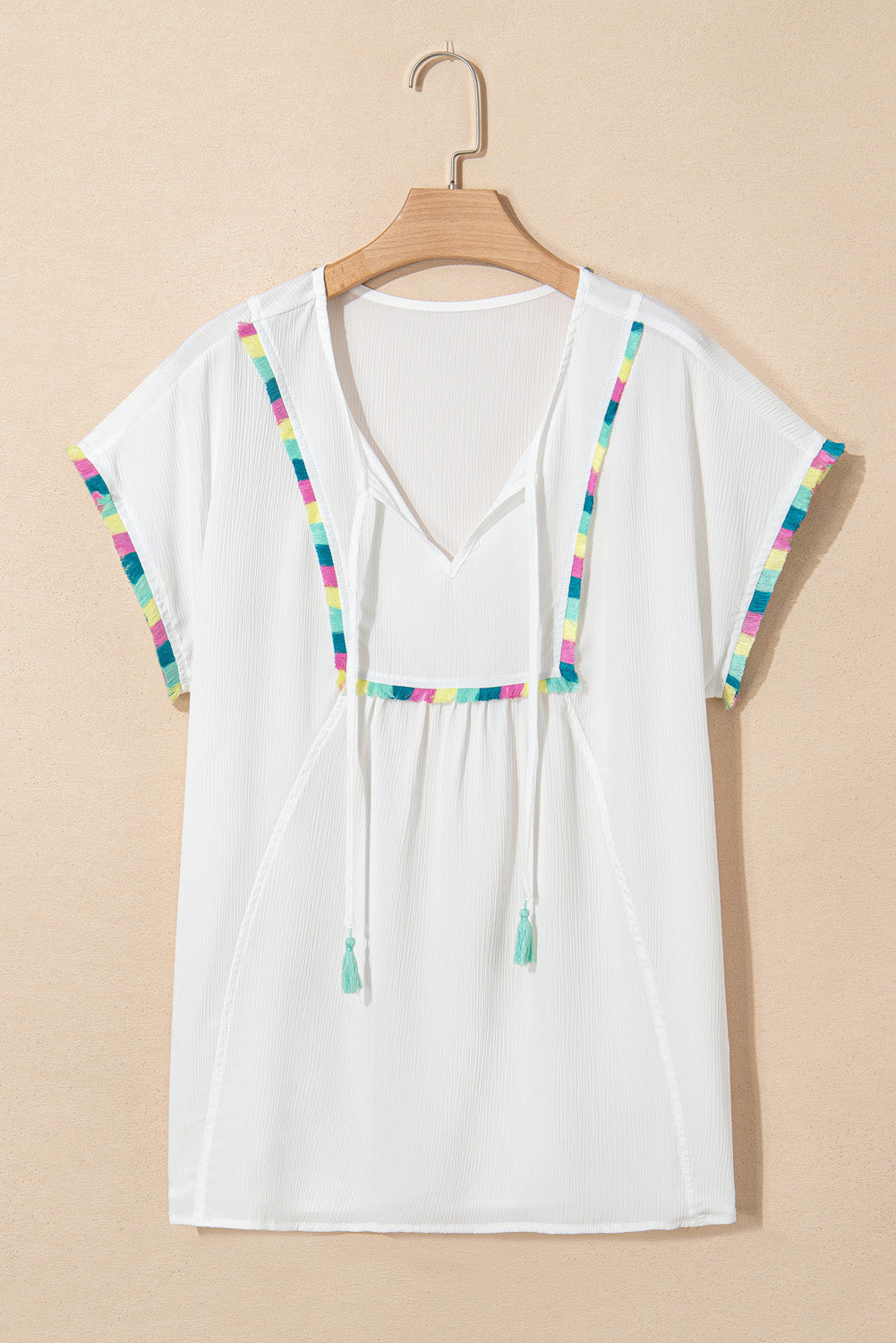 White Colourful Fringed Detail Tassel Tie Neck Short Sleeve Blouse eAura
