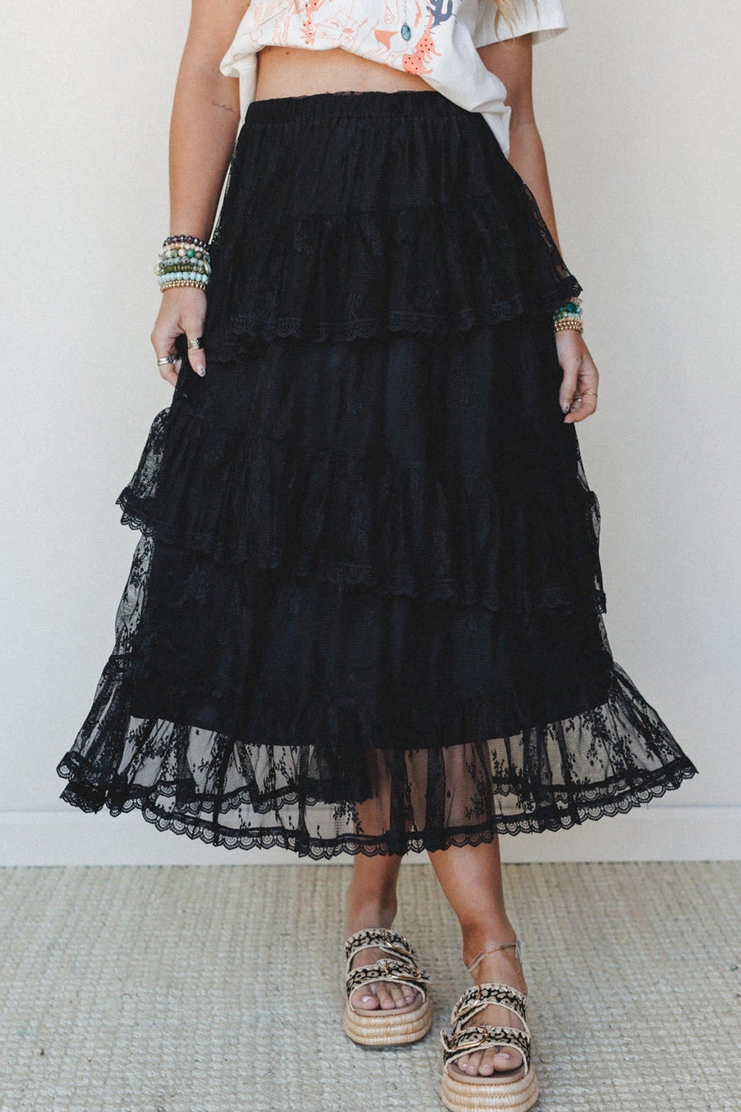 Elegant Ruffle Lace Tiered Skirt – Black