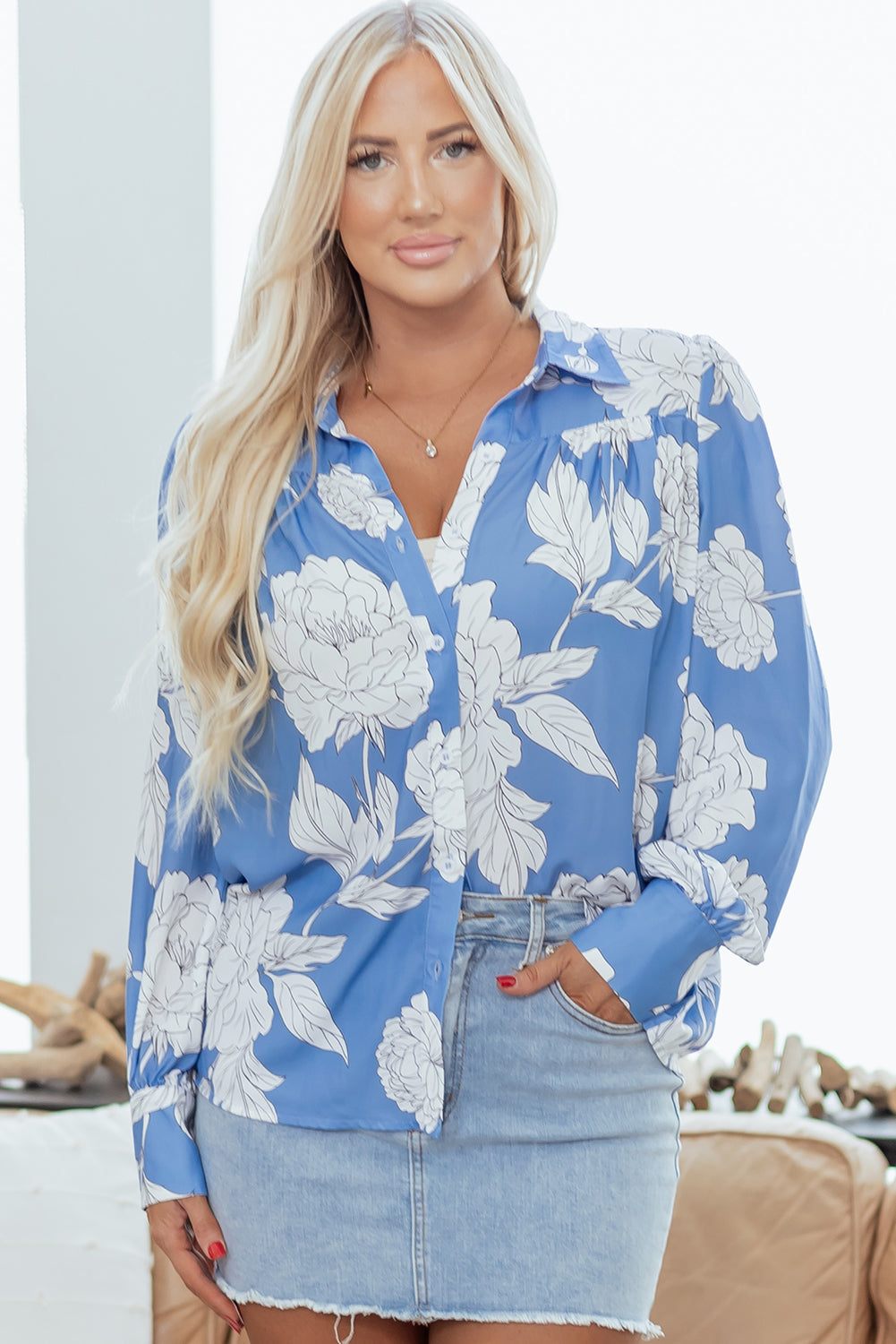 Floral Print Button Up Pleated Detail Puff Sleeve Shirt - eAura