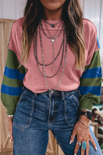 Western Colorblock Patchwork Striped Long Sleeve Pullover Sweater – Multicolour