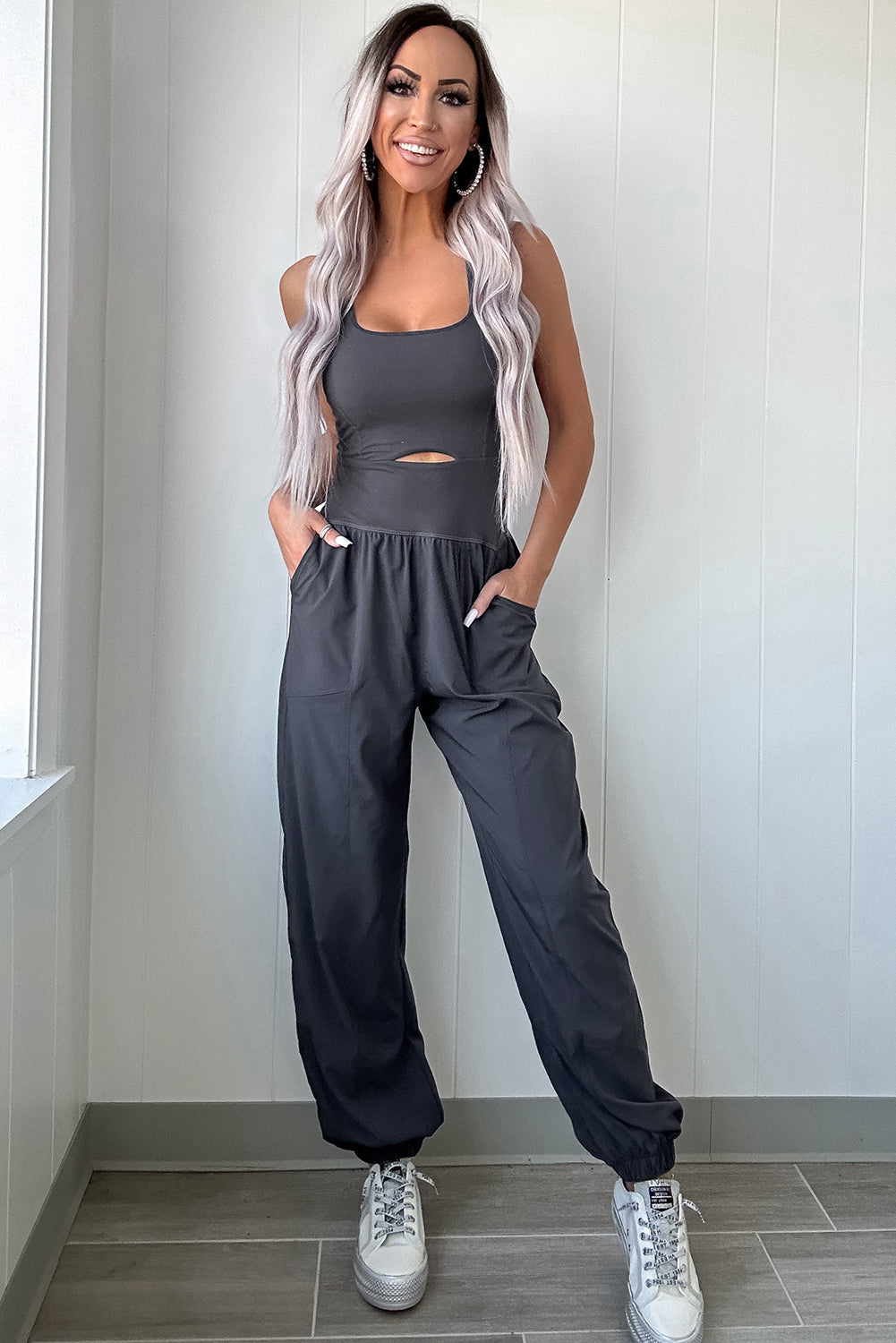Carbon Grey Back Crossed Straps Hollow Out Jogger Jumpsuit eAura