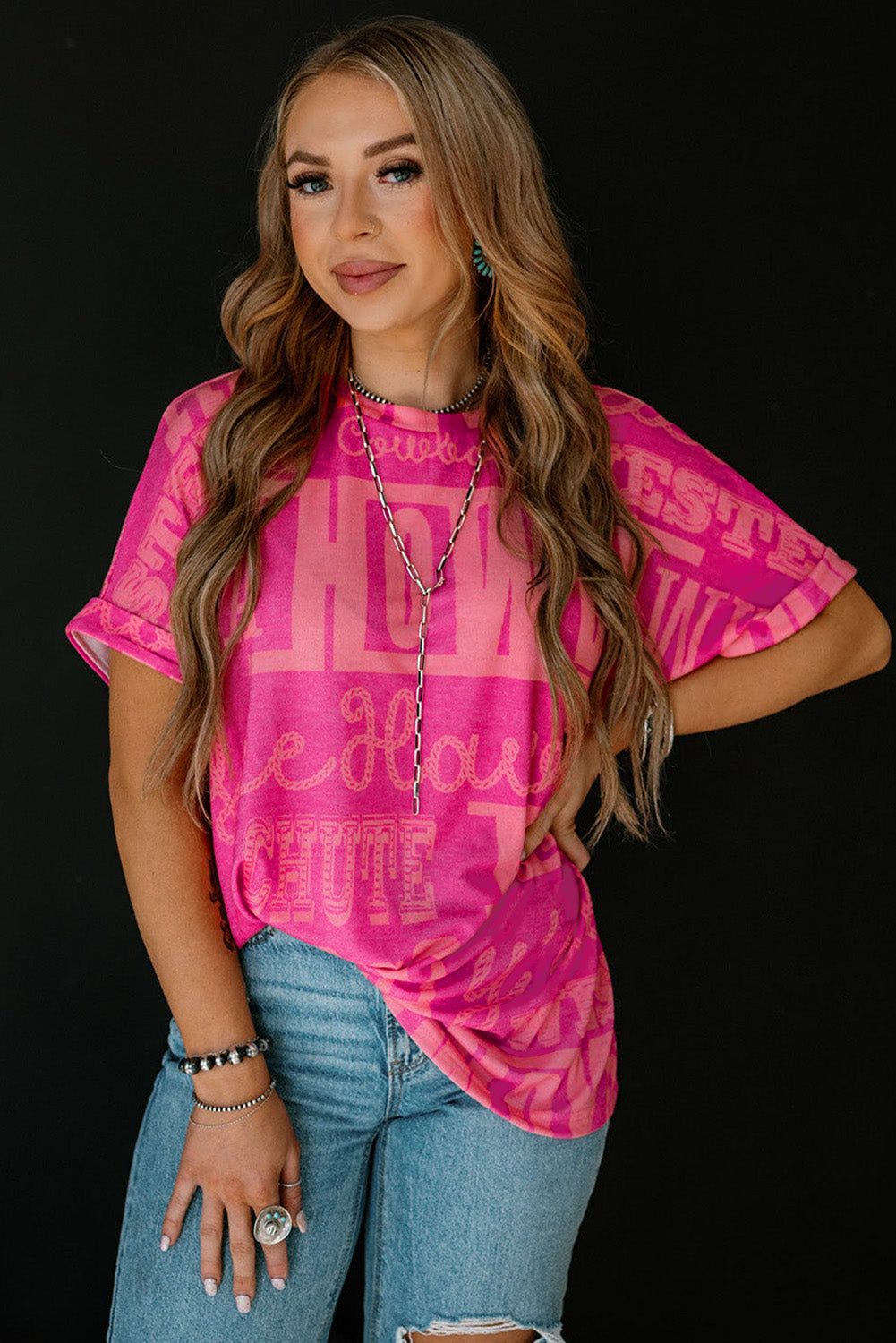 Rose Howdy Cowboy Letter Printed Western Fashion Tee eAura
