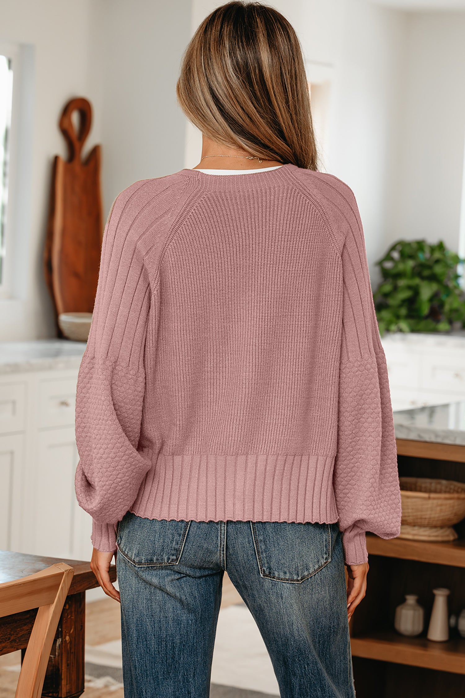 Mixed Texture Cardigan With Buttons - V-Neck
