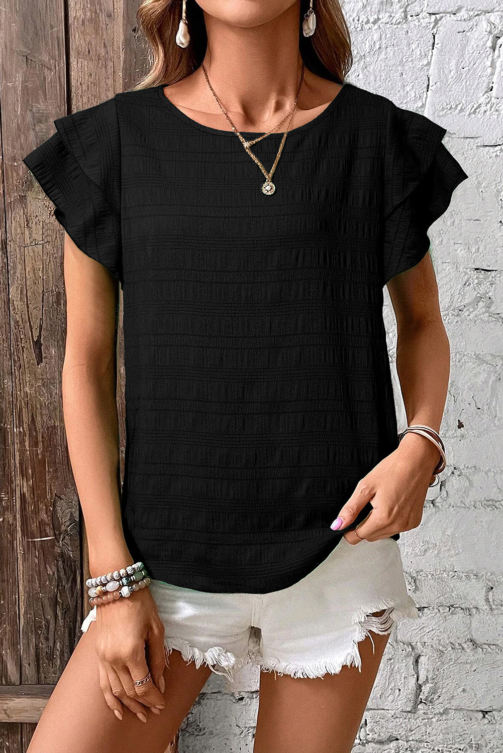 Black Textured Ruffled Sleeve Round Neck Top eAura