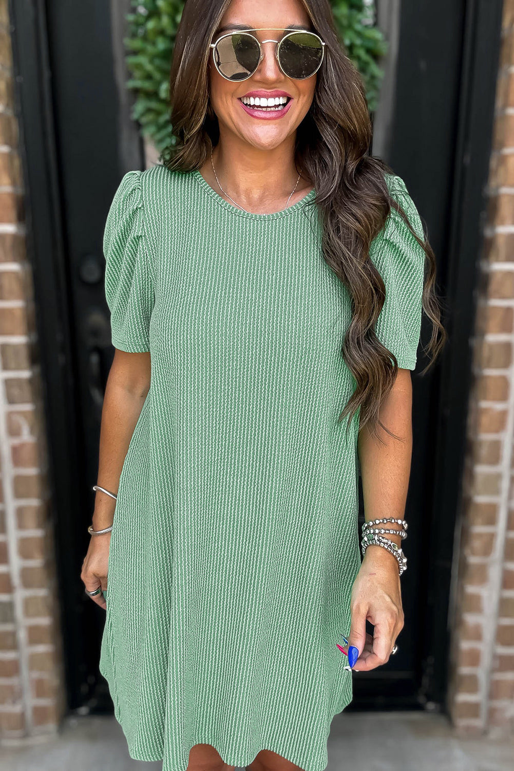 Mint Green Ribbed Knit Crew Neck Puff Sleeve Shift Mini Dress eAura