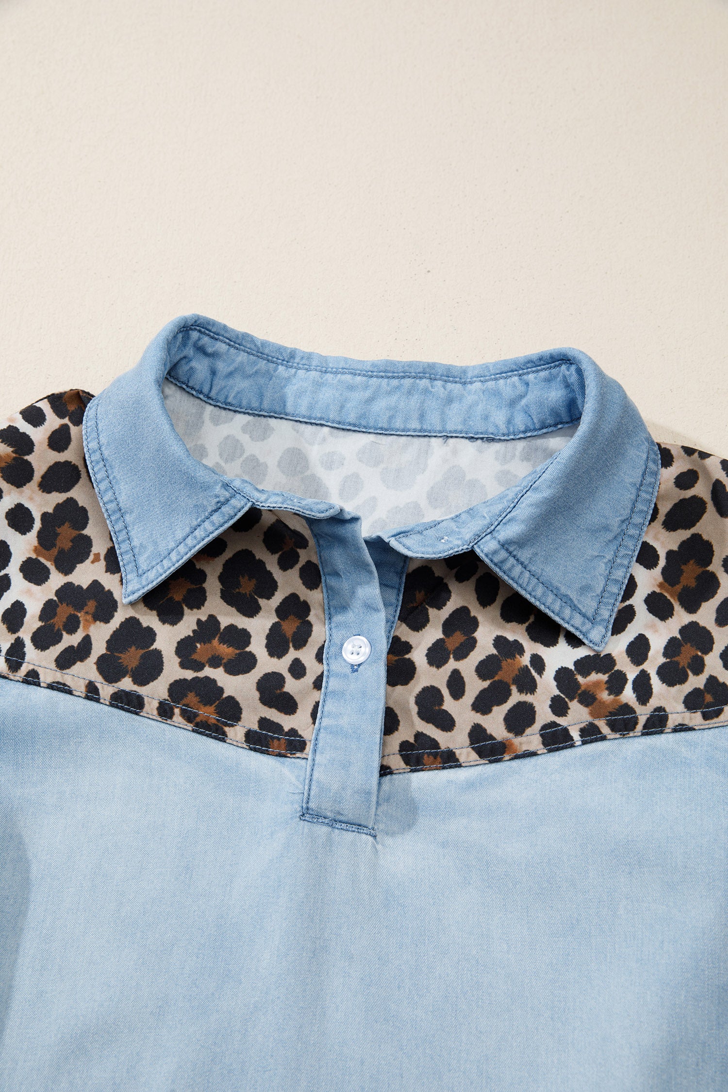 Denim Leopard Patchwork Shirt Collar Mini Dress – Blue