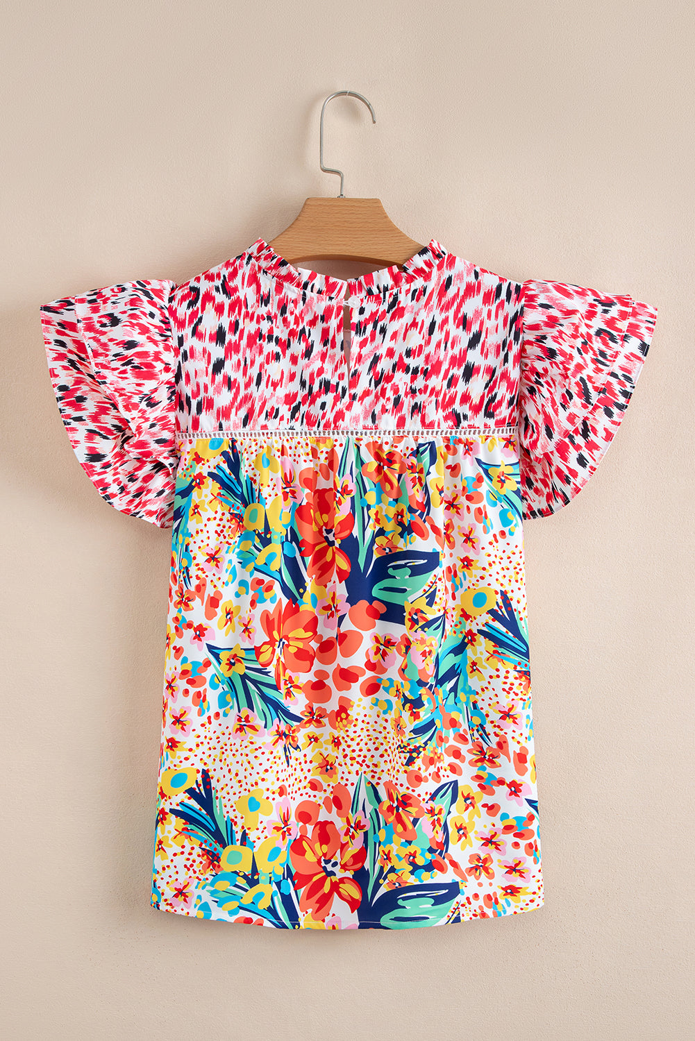 Floral Contrast Print Ruffle Cap Sleeve Blouse eAura