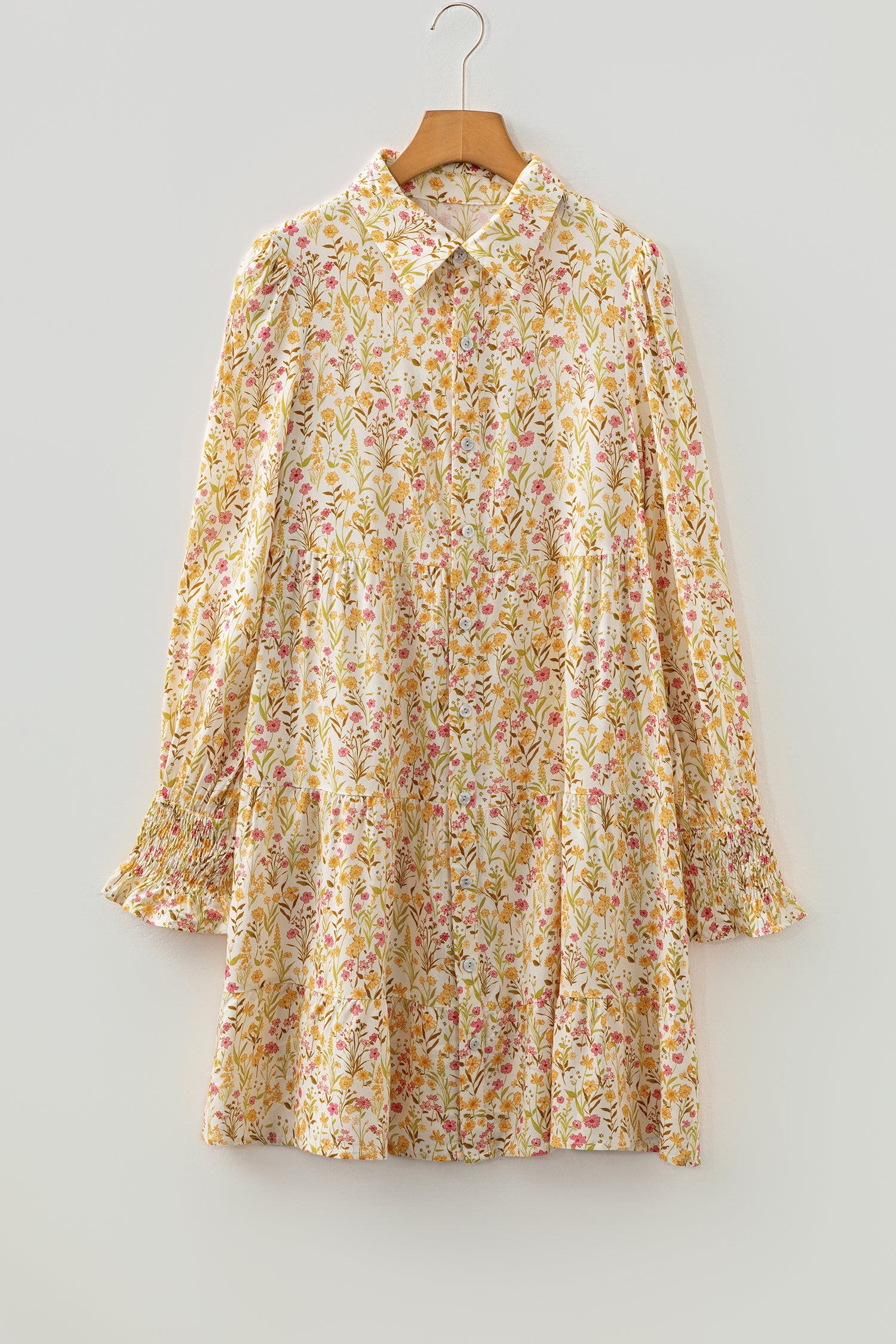 Yellow Floral Print Frilly Trim Smocked Cuff Long Sleeve Oversized Shirt Dress