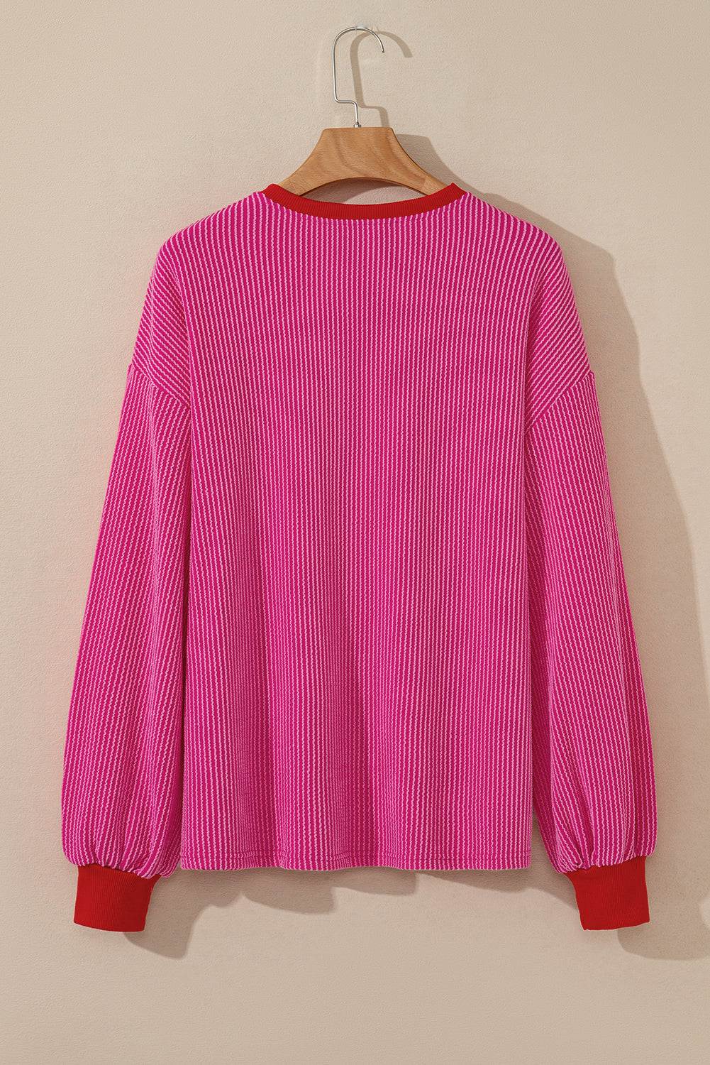Corded Contrast Edge Drop Shoulder Long Sleeve Top – Bright Pink