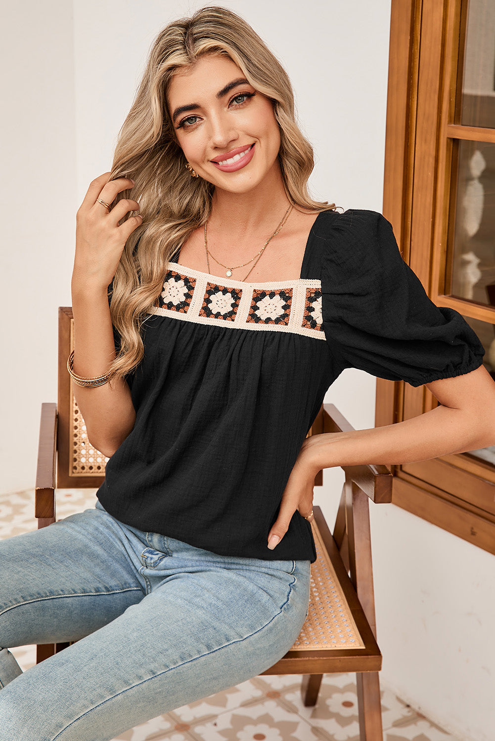 Black Crochet Square Neck Crinkled Blouse BBs