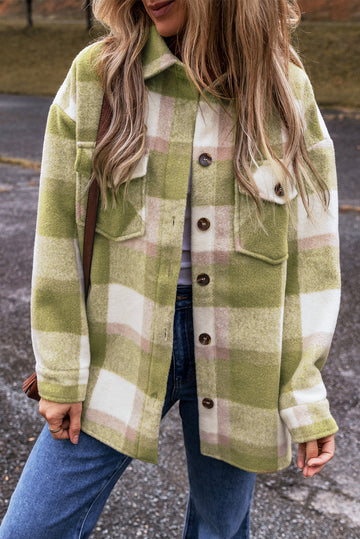 Sage Green Plaid Print Buttoned Flap Pockets Baggy Shacket Beagle Boutique Fashion Outlet