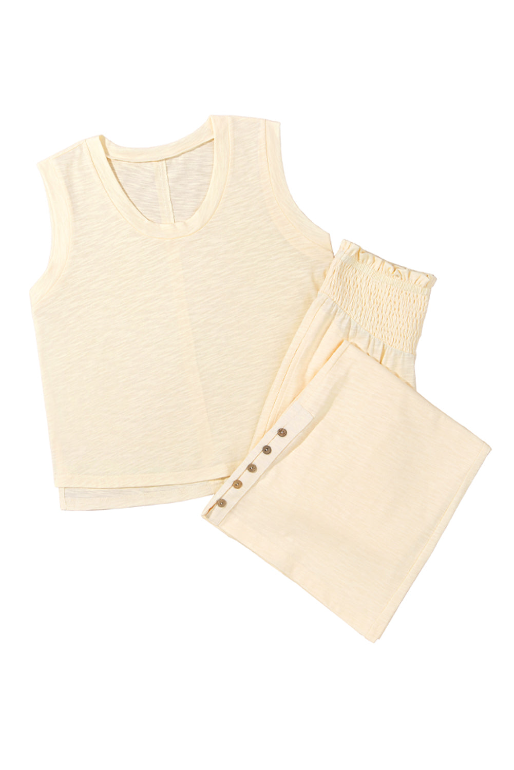 Beige Semi-Sheer Sleeveless Top and Smocked Waist Trousers Set Co-ord eAura