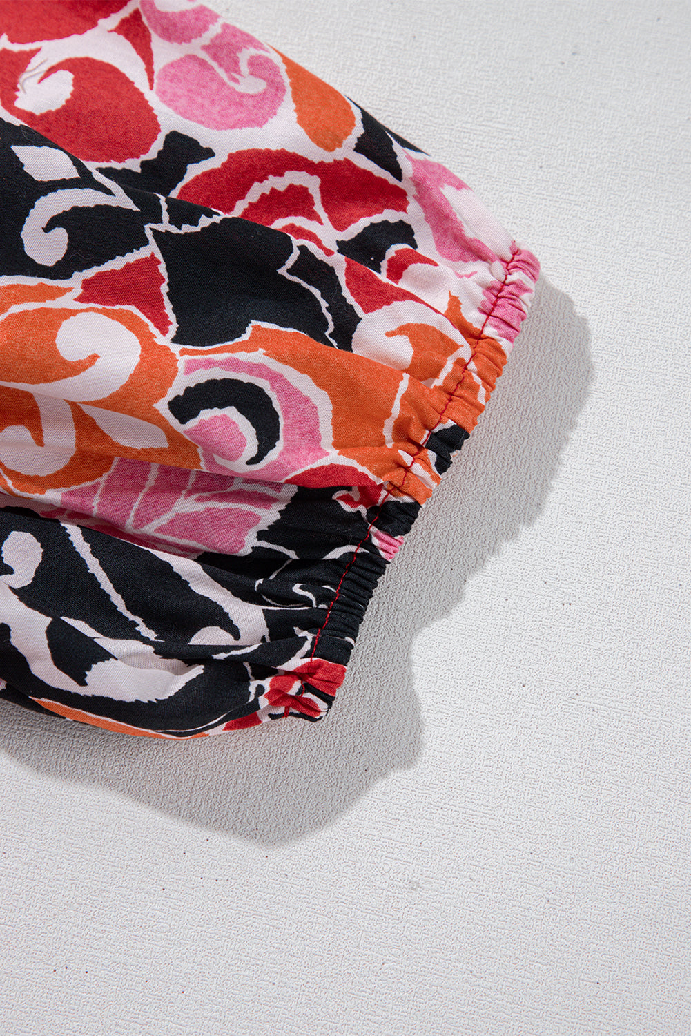 Red Ethnic Print Split Neck Short Puff Sleeve Blouse eAura