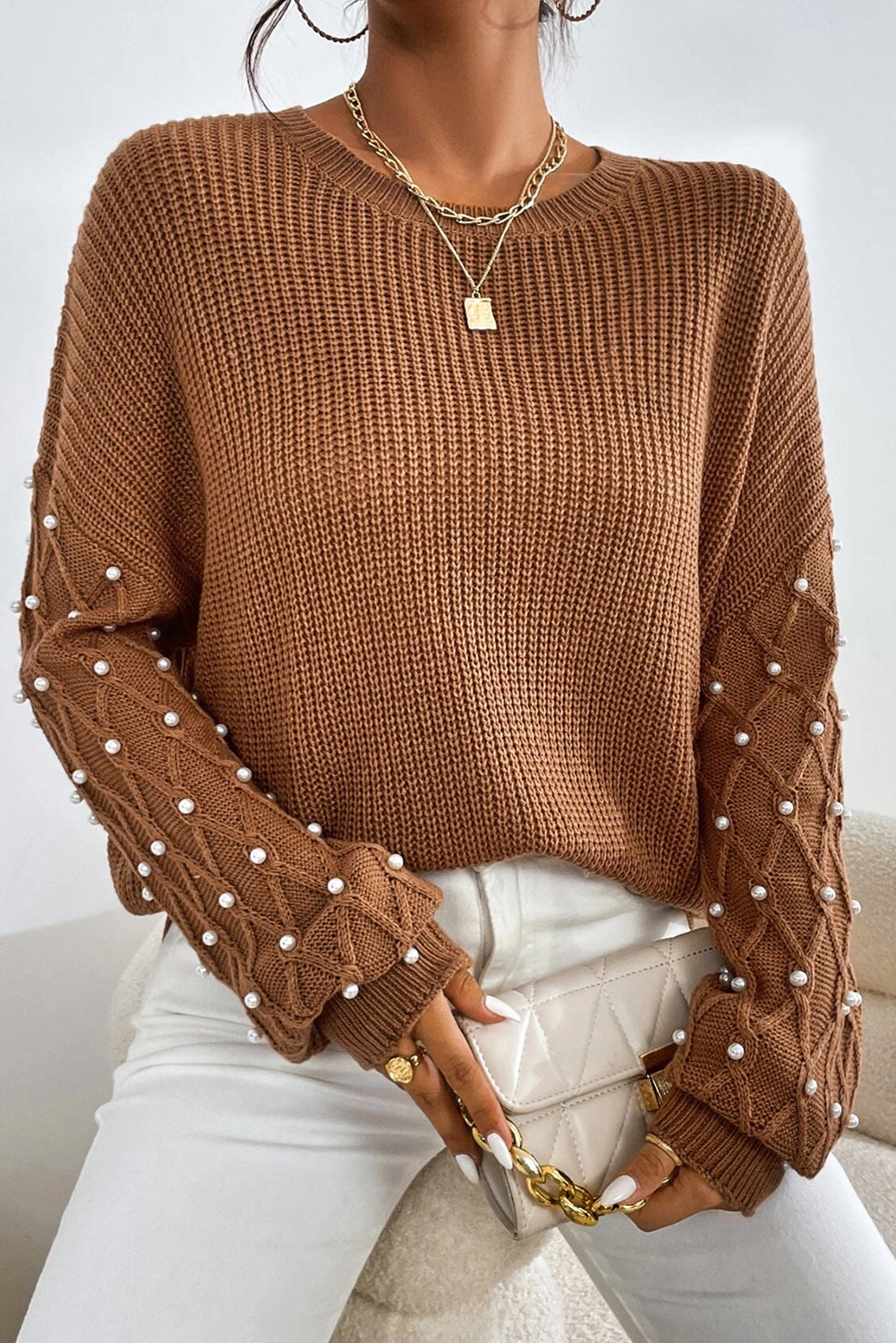 Chestnut Beaded Drop Shoulder Round Neck Sweater eAura