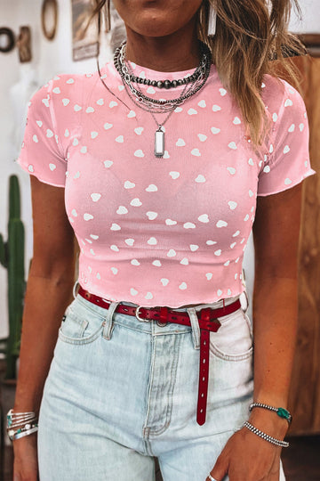 Allover Heart Print Mesh Short Sleeve Top