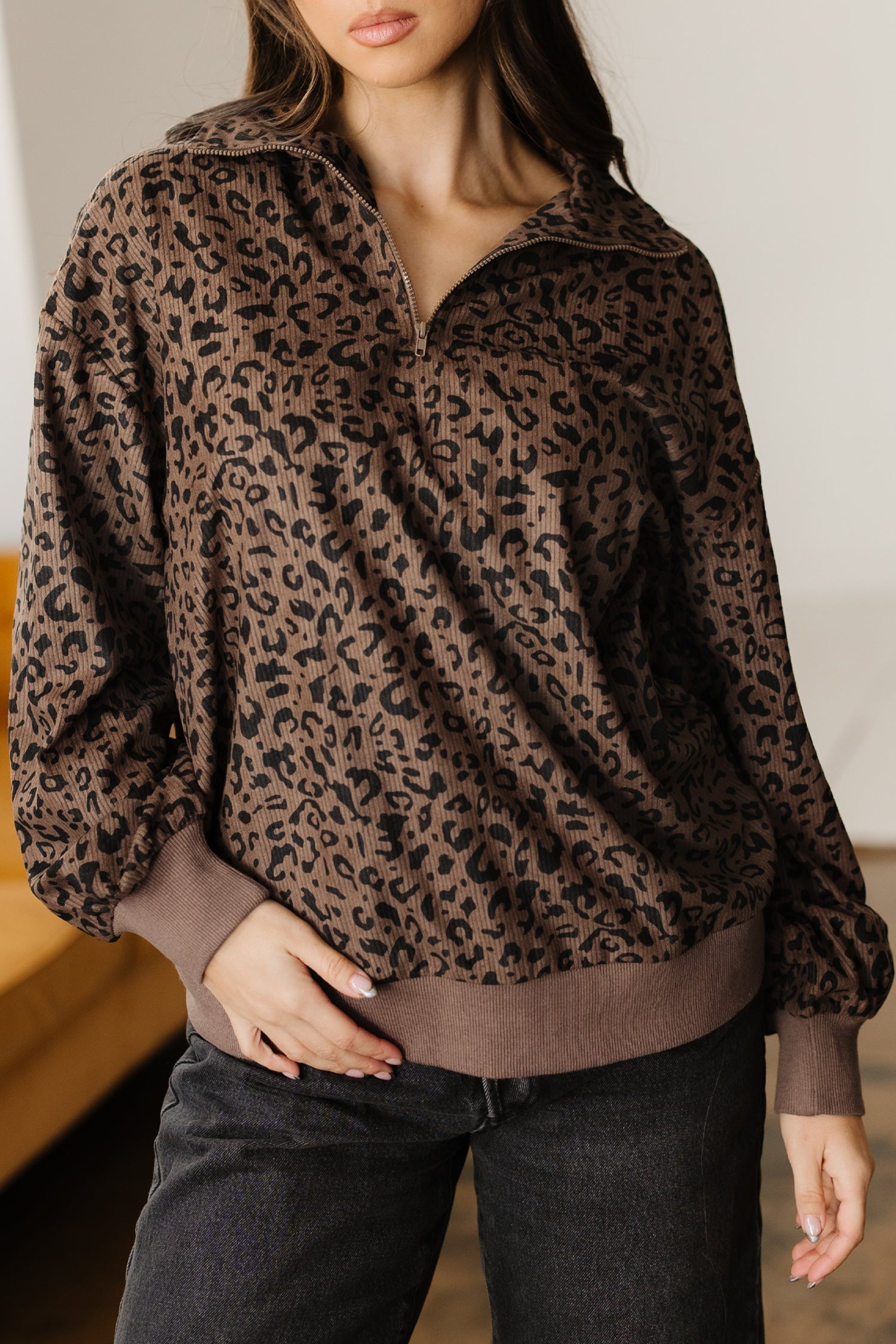 Leopard Print Quarter Zip Soft Corduroy Sweatshirt - Tops/Sweatshirts & Hoodies