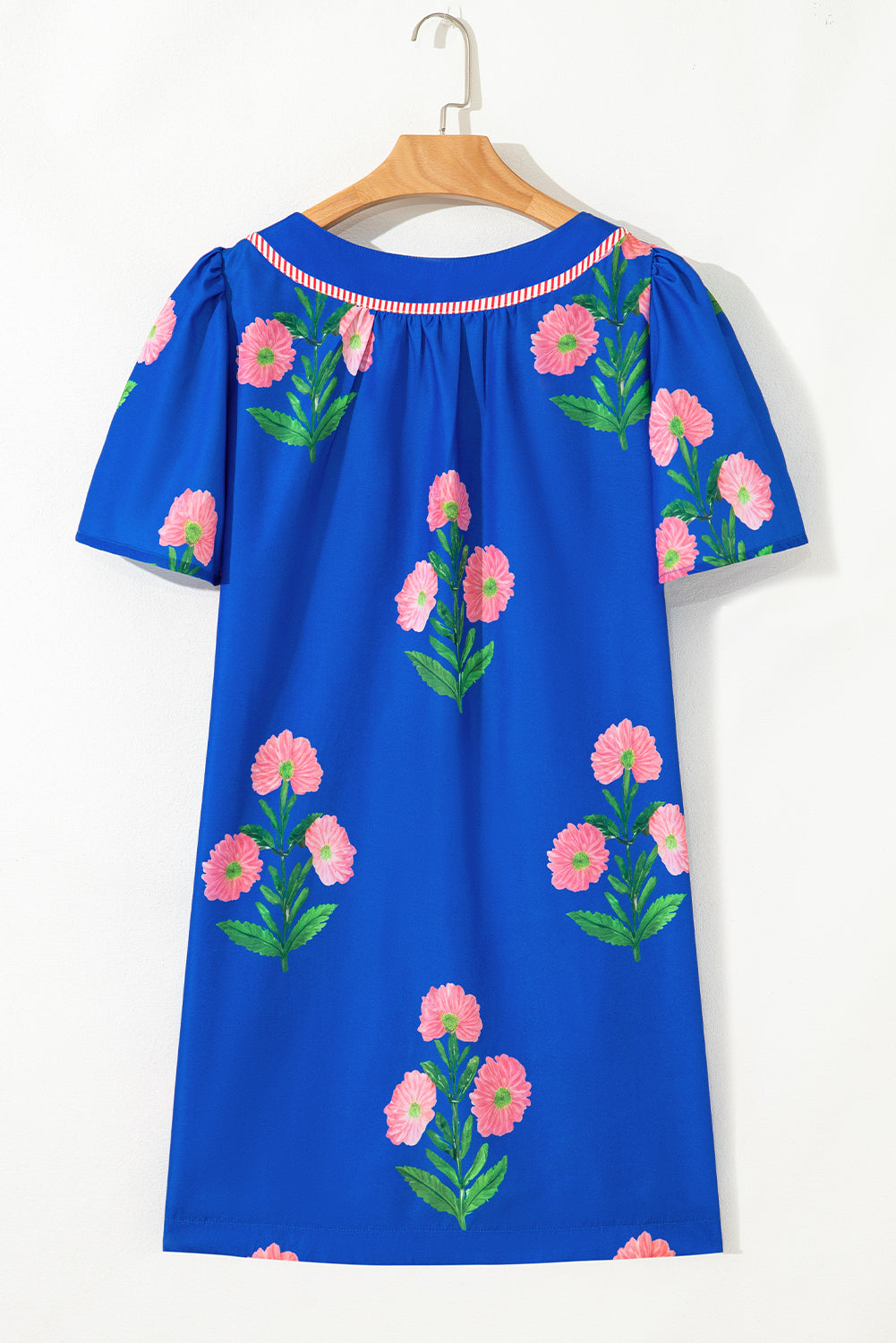 Blue Floral Short Sleeve Split Neck Loose Mini Dress eAura
