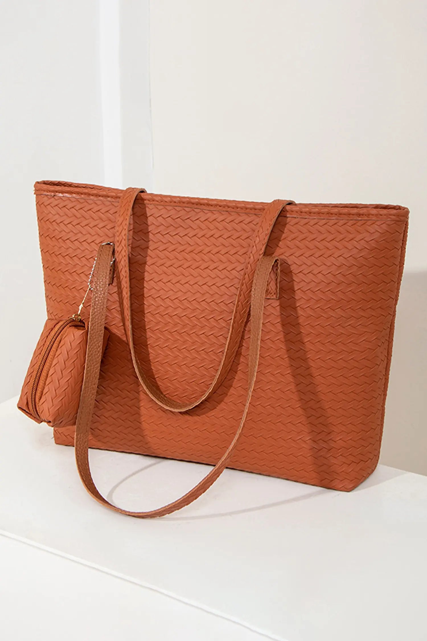 Cinnamon Leatherette Woven Tote Bag with Detachable Pouch