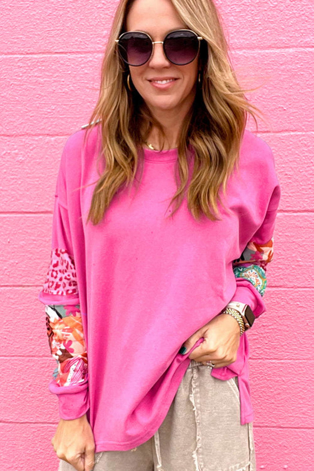 Sachet Pink Mixed Print Patch Drop Shoulder Pullover Top eAura