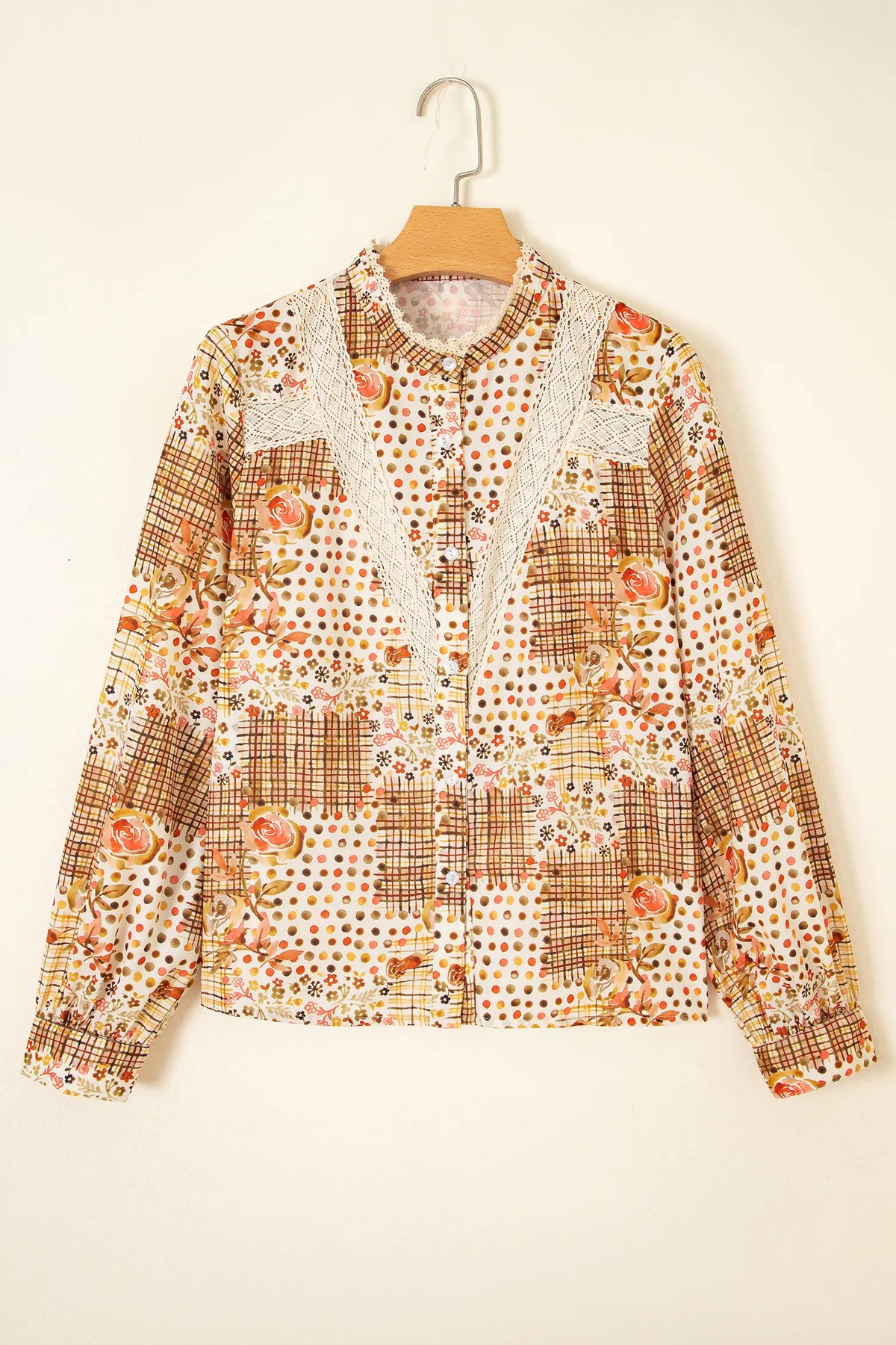 Floral Lace Trim Button Down Long Sleeve Shirt – Brown