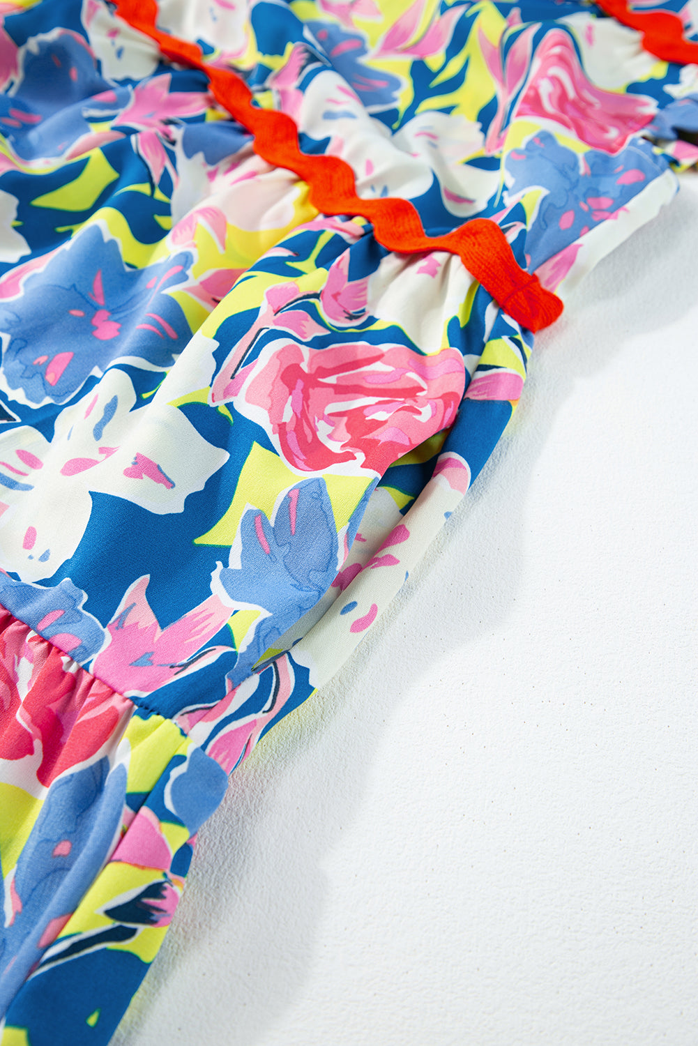 Pink Floral Printed V Notched Ric Rac Flutter Sleeve Dress - eAura