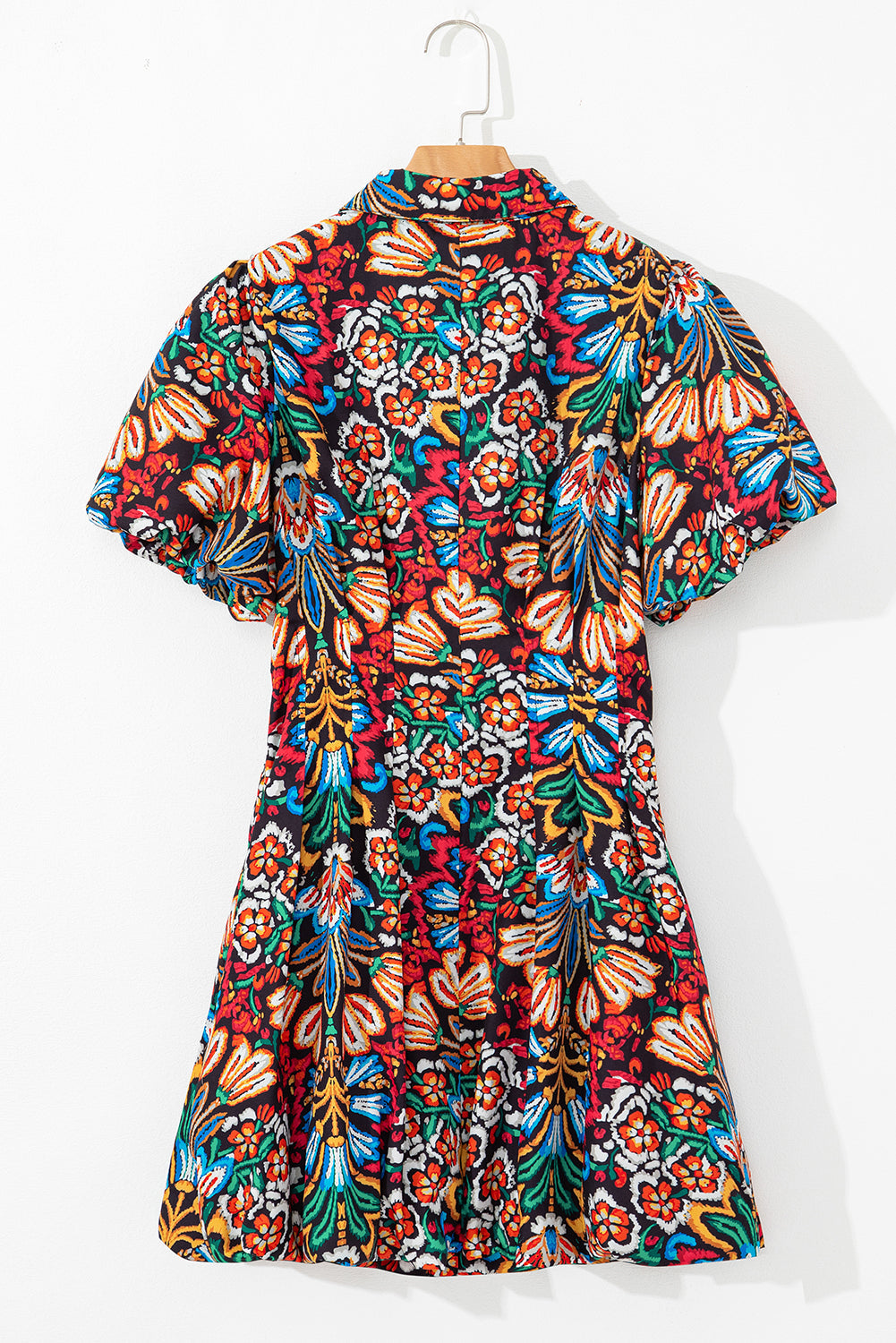 Multicolour Floral Puff Short Sleeve Shirt Mini Dress eAura